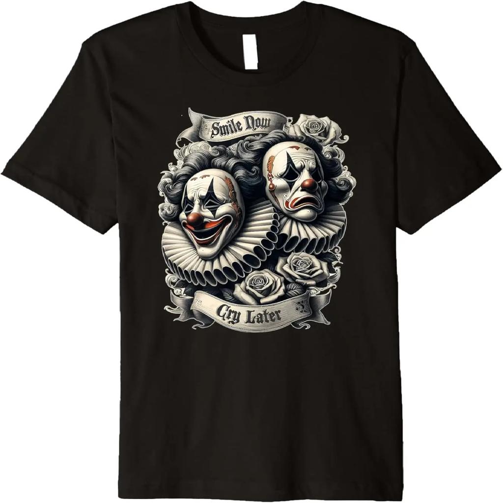 SMILE NOW CRY LATER Retro Gothic Cholo Chicano Art Sad Clown Premium T-Shirt