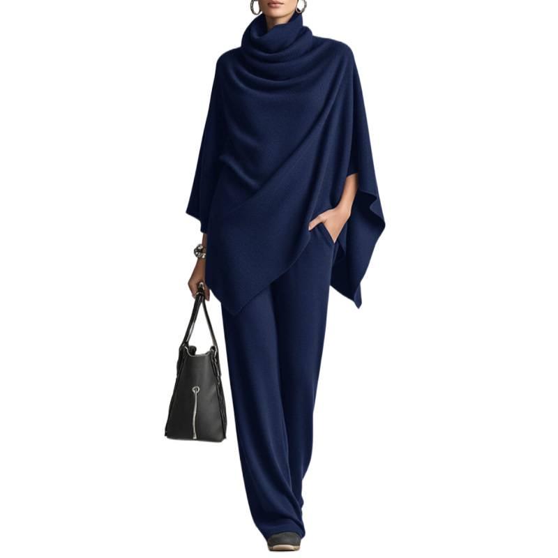 Women's Autumn/Winter Fleece Two-Piece Set: Stand Collar Cape & Wide-Leg Pants