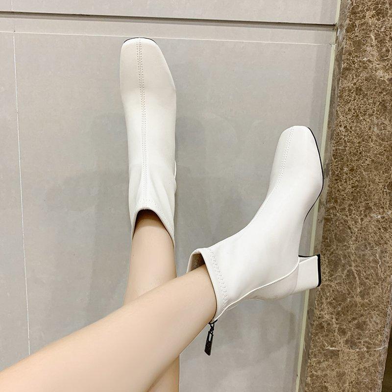 Dames Ensfarget Mote Høye Hæler med Glidelås bak Mote Støvletter Høye Støvletter Lærsko Midhøye Støvletter Damesko