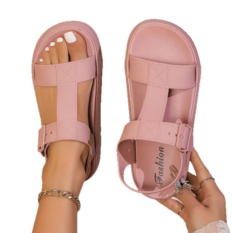 Sandale cu platformă late pentru femei, tip slide - Pantofi de plajă cu toc jos, cu degetele descoperite și baretă la gleznă, Sandale casual de vară cu pană joasă pentru exterior