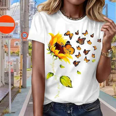 Fashion Women Creative Animals Butterflies Sunflowers Print T Shirt Funny Casual O-neck Short Sleeves T-shirt Summer Female Tee Shirt