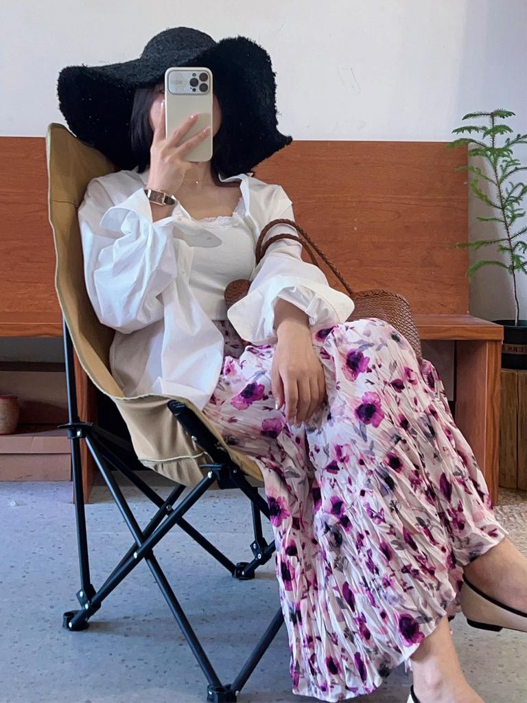 2024 French Retro Floral Pleated High-Waist Maxi Chiffon Skirt