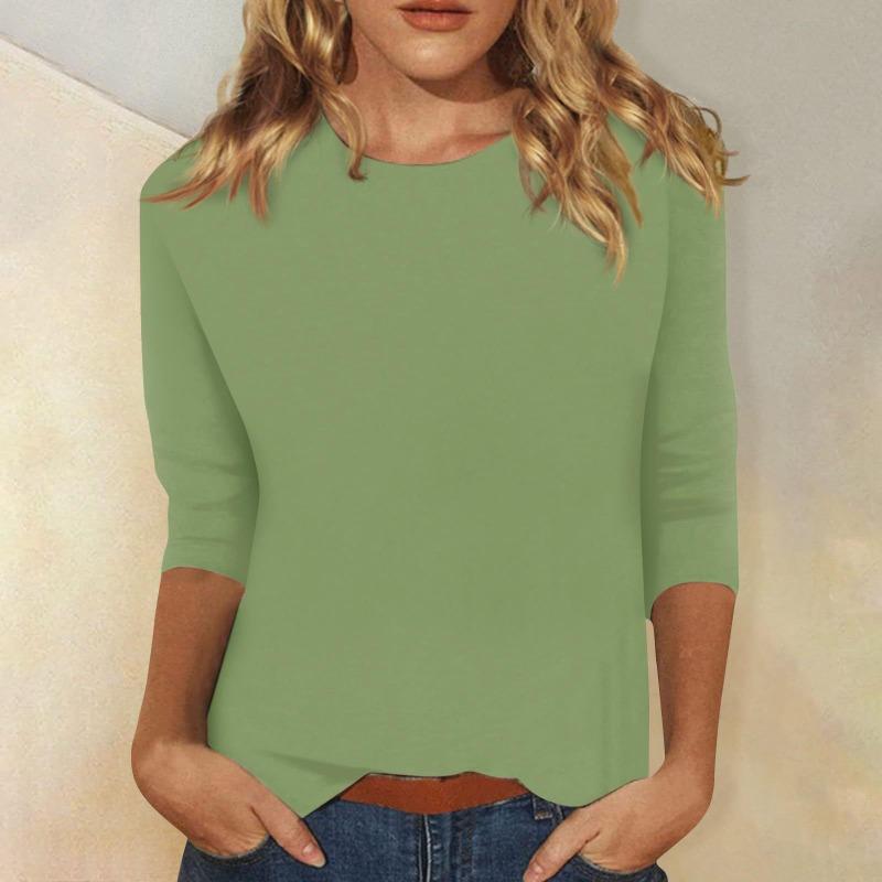T-shirt uni à col rond et manches 3/4 pour femme - Haut décontracté à coupe ample