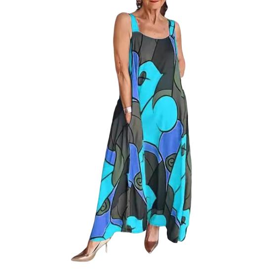 Damen Sommerkleid Ärmellos A-Linie Bunter Druck Seitentaschen Großer Saum Knöchellang Urlaub Strand Maxikleid