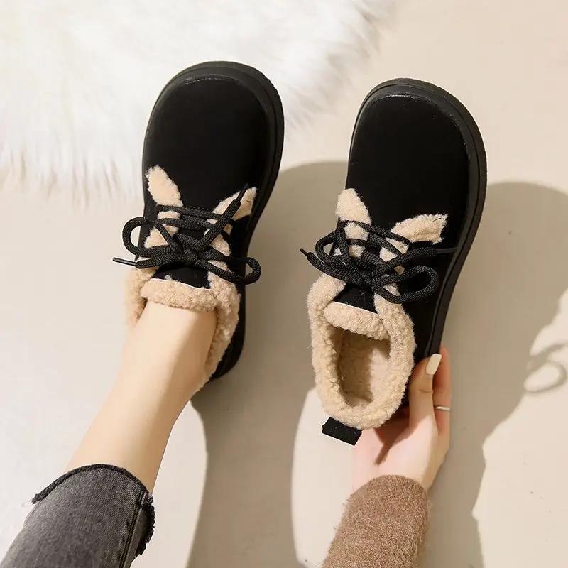 Fashion Ladies Snow Boots with Laces Black Suede Round Toe Elegant Low Heels Female Shoes Lace-up Y2k Lamb Winter Waterproof Non Slip 39