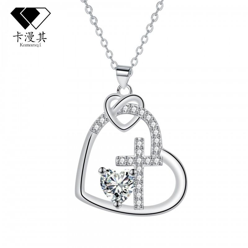 Tone Heart Cross Pendant Necklace Women Cubic Zirconia Inlaid Simple Daily Wear Chain Jewelry Silver
