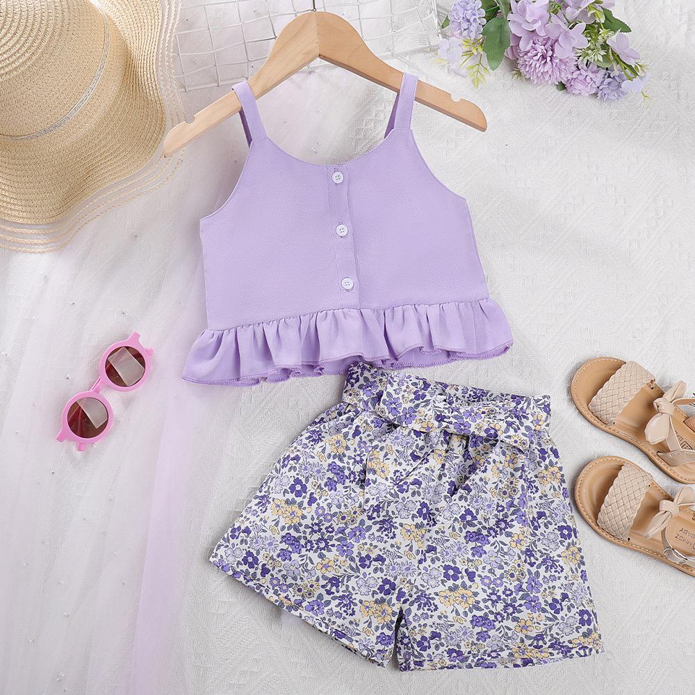 Children's Yellow Suspender Two-piece Summer Girls' Suspender Tops Floral Shorts Children's Summer Clothes