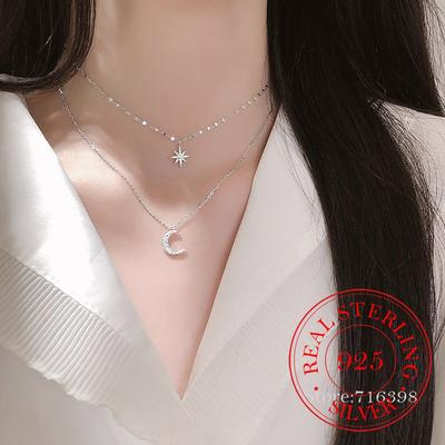 100% 925 Sterling Silver Double Layer Crystal Star Moon Charm Pendant Necklace for Women Wedding Jewelry Choker Collar Gift