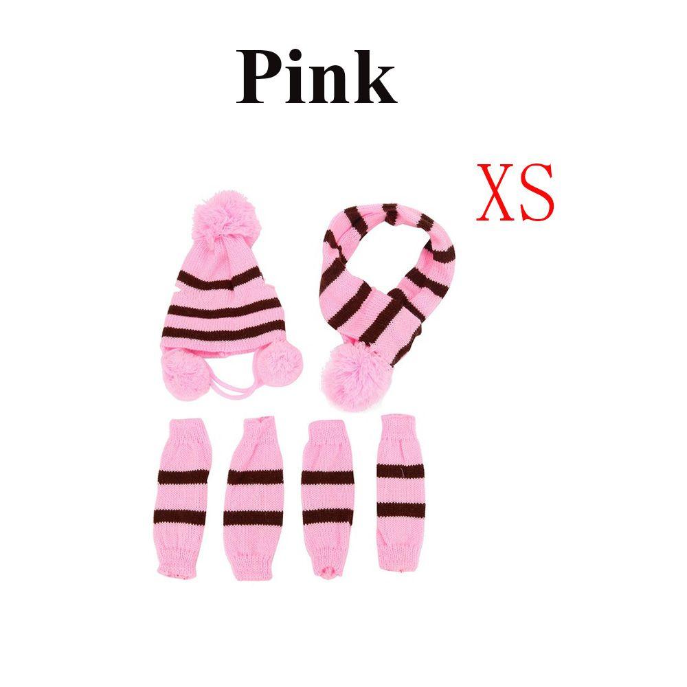 6Pcs/Set Cosplay Dressing Up Stripe Knitted Pet Warm Hat Scarf Cat Clothes Dog Socks Puppy Costume XS розовый