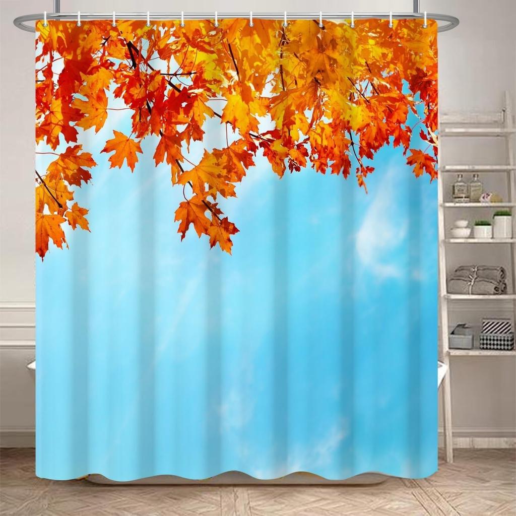 Fall Maple Leaves Shower Curtain Autumn Gold Yellow Leaf Blue Sky Natural Scenery Bath Curtain Festival Seasonal Bathroom Decor