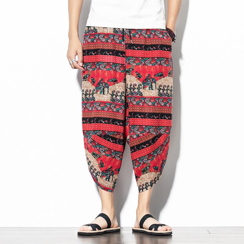 

Harajuku повседневные широкие брюки-шаровары для мужчин 2024 летние хлопковые пляжные мешковатые брюки в китайском стиле с принтом длиной до икры XL красный