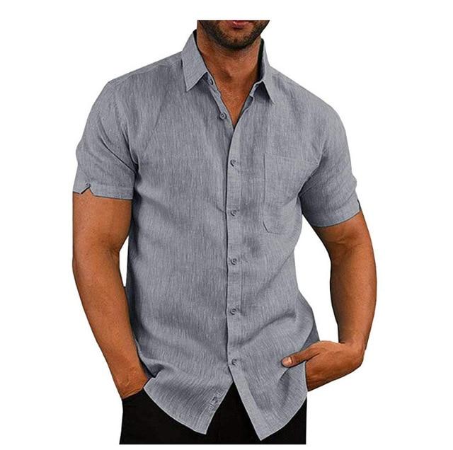 Mens Linen Blouse Short Sleeve Baggy Buttons Summer Solid Comfortable Pure Cotton and Linen Casual Loose Holiday Shirts