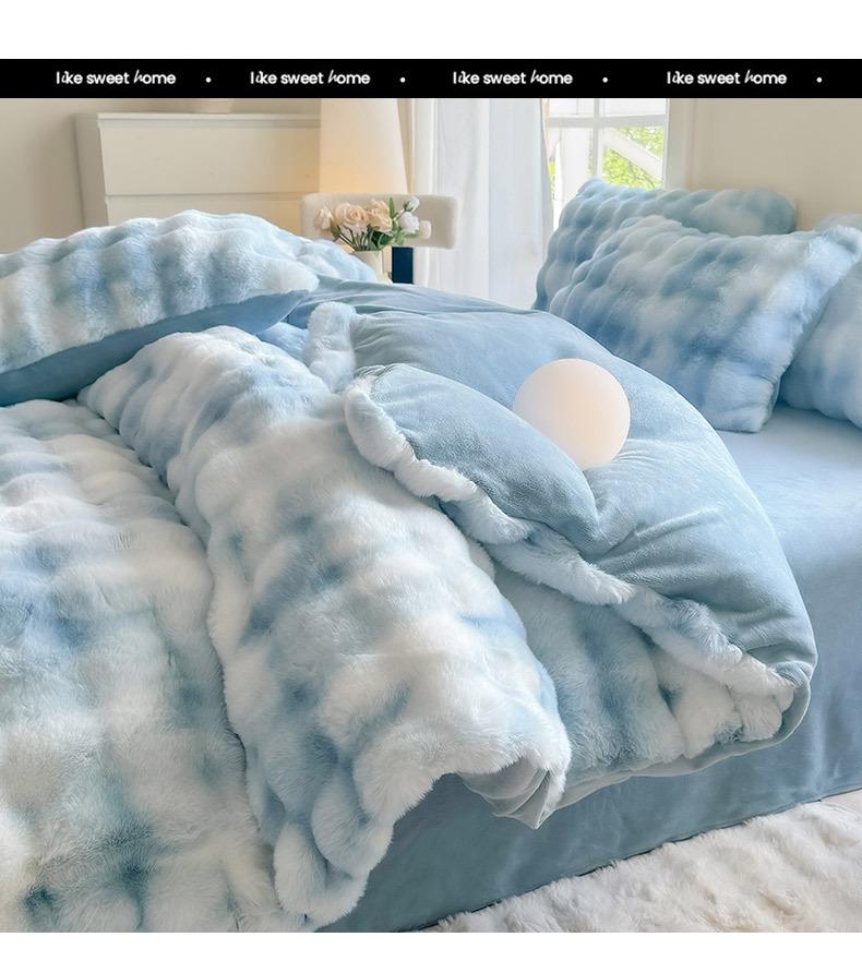 Winter Rabbit Fur & Milk Velvet Four-Piece Bedding Set with Fleece Duvet Cover - High GSM, Perfect for Dormitory.