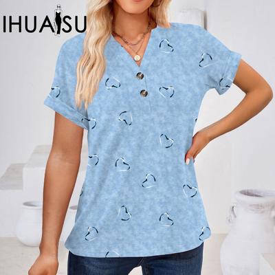 Spring Summer Women's Fashion Casual Print Button V-neck T-shirt Women