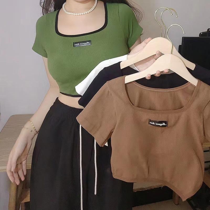

Футболка с подкладкой и квадратным вырезом, женские топы, тонкие повседневные топы с короткими рукавами и открытым пупком