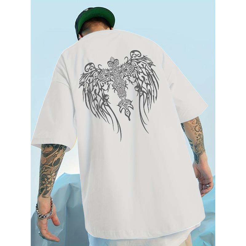 Fashion Men s Back Totem Graphic T-Shirt with Slogan - Stylish Crew Neck Short Sleeve Loose Fit T-Shirt , PLUS SIZE S белый
