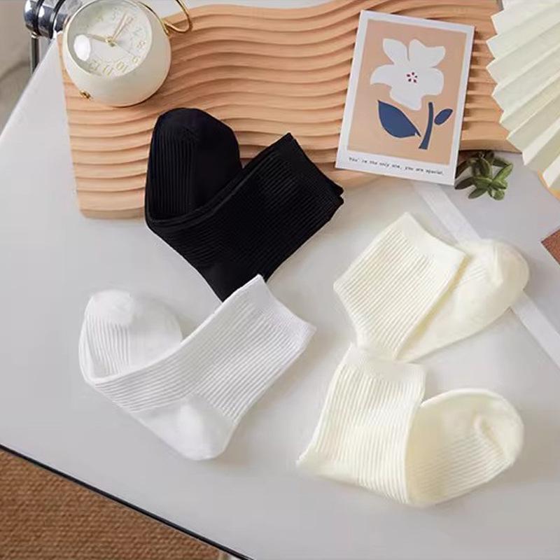 Women's High-Waisted Cotton Mid-Calf Socks, Cream, Vertical Stripes, Anti-Pilling Sports Socks