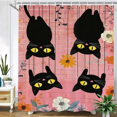 Cartoon niedliche Katze Druckstoff Duschvorhang Badezimmervorhang, Blumen Tiere und Katzen Heimdekorationsvorhang mit Haken