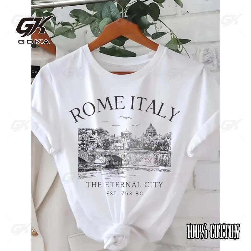 

Roman Italian Letter Printed T-shirt Short Sleeved Round Neck Casual Fashion Cotton Top Suitable for Summer Women s Clothing 4XL