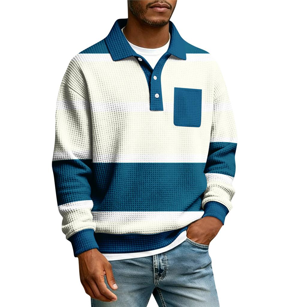Men's Striped Single Breasted Long Sleeved Shirt With Collar And Pockets  Casual Sports T-shirt