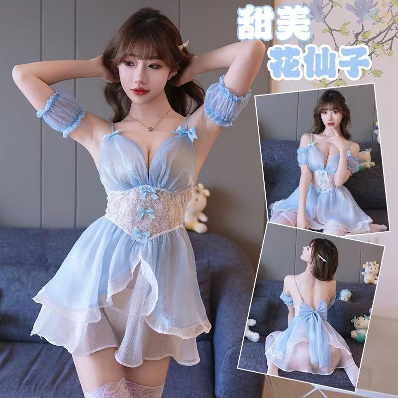 Fresh deep V sky blue lace suspender sexy hollow big bow pearlescent jumpsuit