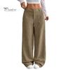 Comfortable Women Trousers Pants Button Zipper Closure Straight Wide Leg with Ladies Loose Fit Pockets Solid Color Lounge Daily Wear Long
