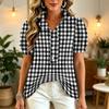 Women’s Fashion Casual Ruffle V Neck Plaid Print Blouse Short Sleeve Button Down Loose Fit Top for Everyday Wear Office