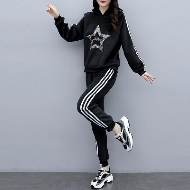 Gold Velvet Set - Women's Autumn/Winter Large Size - Slimming and Concealing Fat - Casual Hooded Trendy Two-Piece Set