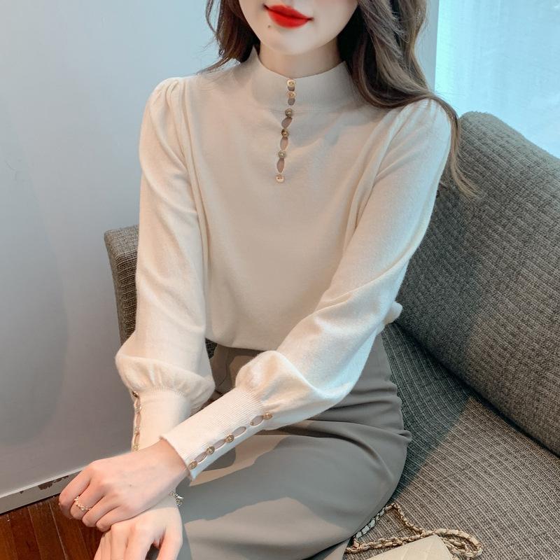 Podzimní a zimní dámská košile se spodním lemem Osobnost Svetr s polovysokým výstřihem Ženy Svetr s lucernovým rukávem Pletený Svetr Tenká košile se zapínáním na dno Topy s dlouhým rukávem