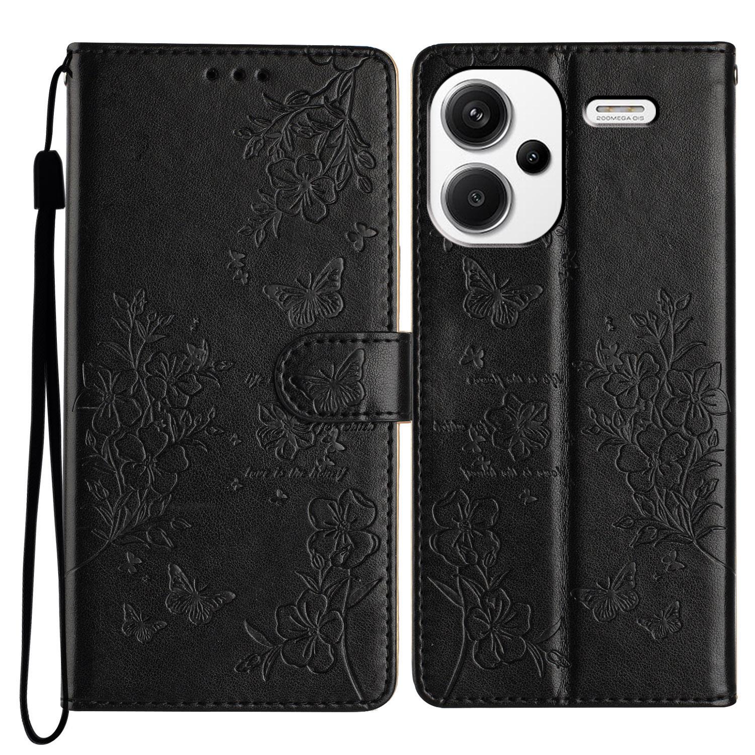 

For Xiaomi Redmi Note 13 Pro+ 5G Phone Case Butterfly Floral Imprint Leather Wallet Cover Black