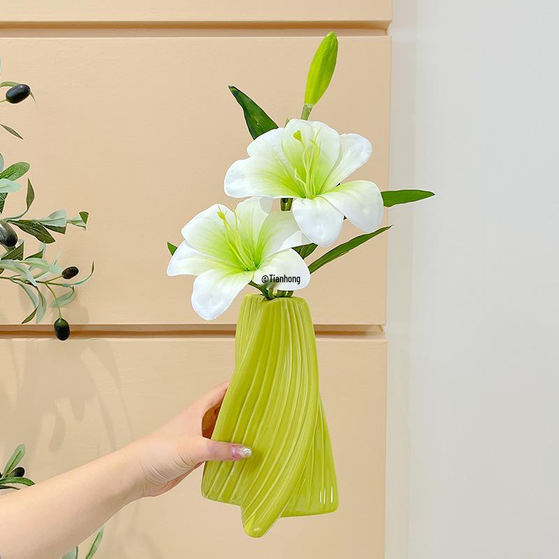 Lily Green Decorative Floral Arrangement in Ceramic Vase - Luxury Artificial Flowers for Living Room Decor