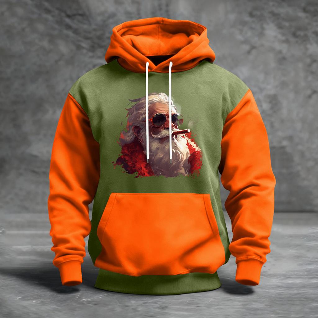 Чоловічий худі з різдвяним принтом, кольоровий блок, повсякденний спортивний комфортний світшот