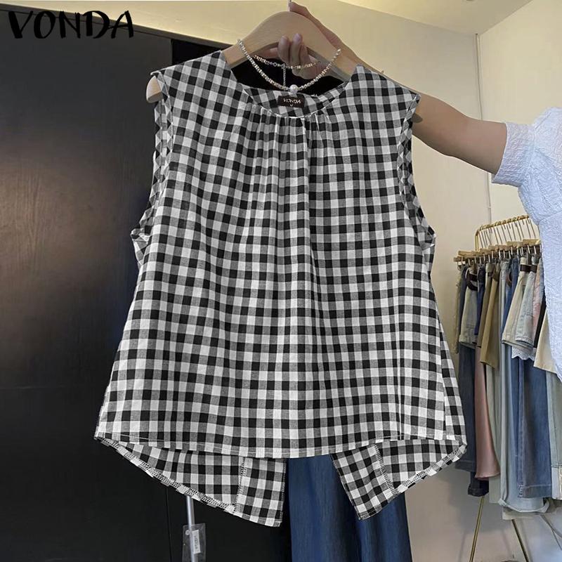 

VONDA Summer Women Sleeveless Plaid Print Irregular Tank Tops T-shirts