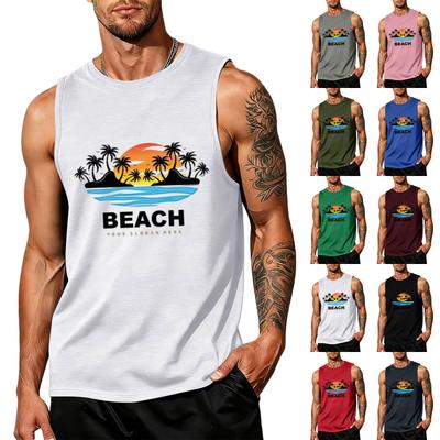 Men’s Sleeveless Tank Top with Beach and Tree Print Relaxed Fit Crew Neck Athletic Shirt for Summer