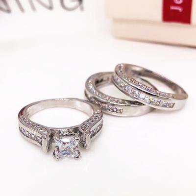 Inel 3 în 1 Femei Vintage Alb Diamant Logodna Argint Verigheta Set