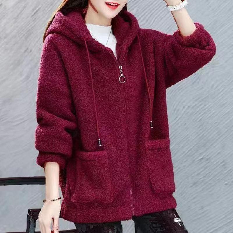Lamb Fleece Sweater Women's Autumn and Winter Plus Velvet Thick Hooded Pocket Cardigan Lazy Style Zipper Jacket Women