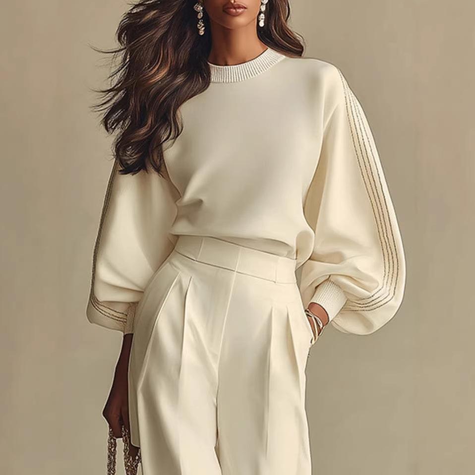 Women Knitted Color Block Striped Top And Wide Leg Pants Suit Elegant Casual Loose Fit Long Sleeve Sweater Set