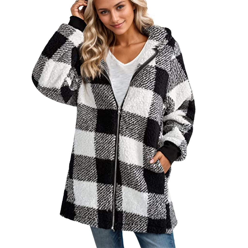 Women's Casual Plush Long Sleeve Plaid Hooded Zipper with Pocket Loose Coat