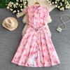 Gentle Pink Green and Yellow Embroidered Print Drop-Shoulder Shirt Dress for Women Summer Button-Down Belt Slim Midi Dress