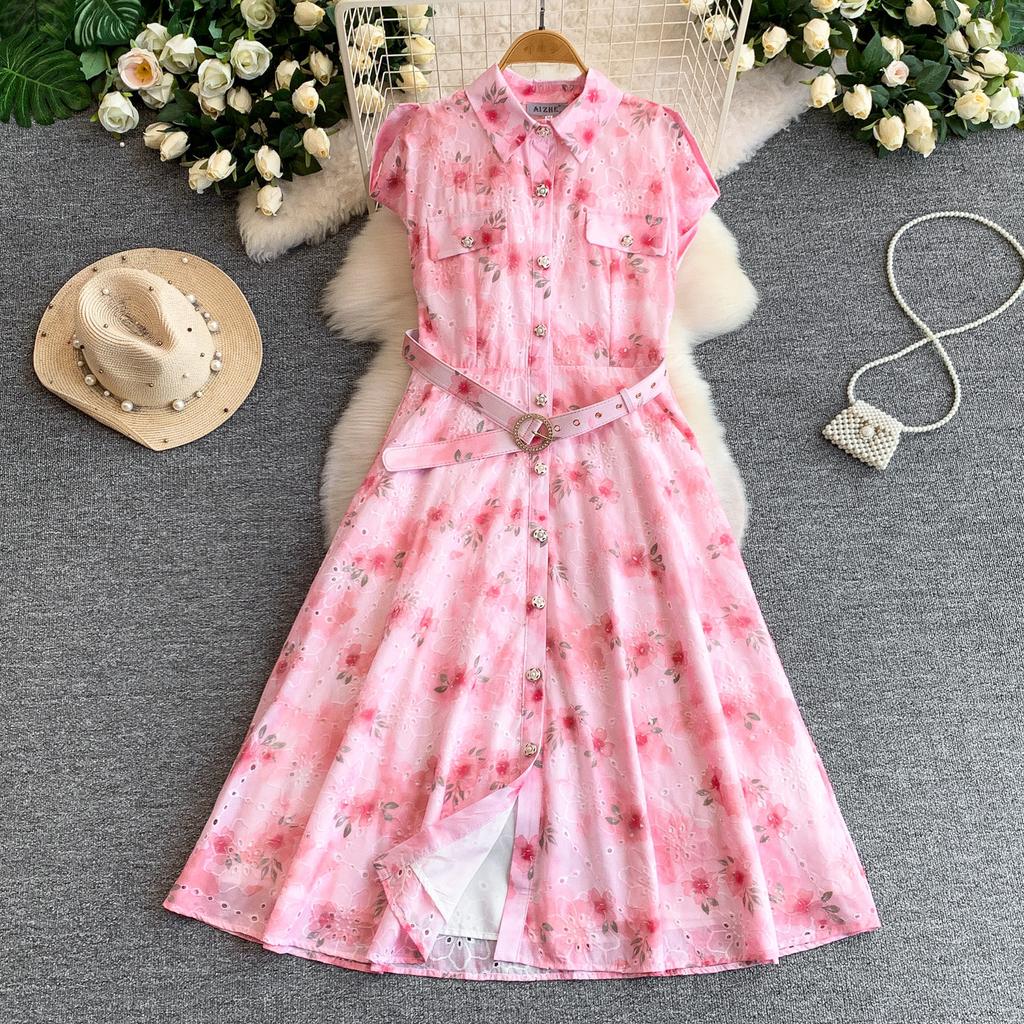 Gentle Pink Green and Yellow Embroidered Print Drop-Shoulder Shirt Dress for Women Summer Button-Down Belt Slim Midi Dress