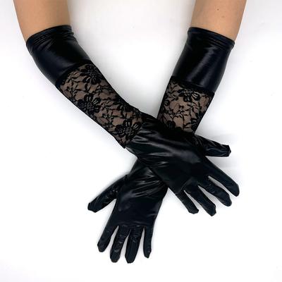 Full Finger Gloves Prom Lace Mesh Gloves Sexy Black Halloween Bride Gloves Patent Leather Gloves