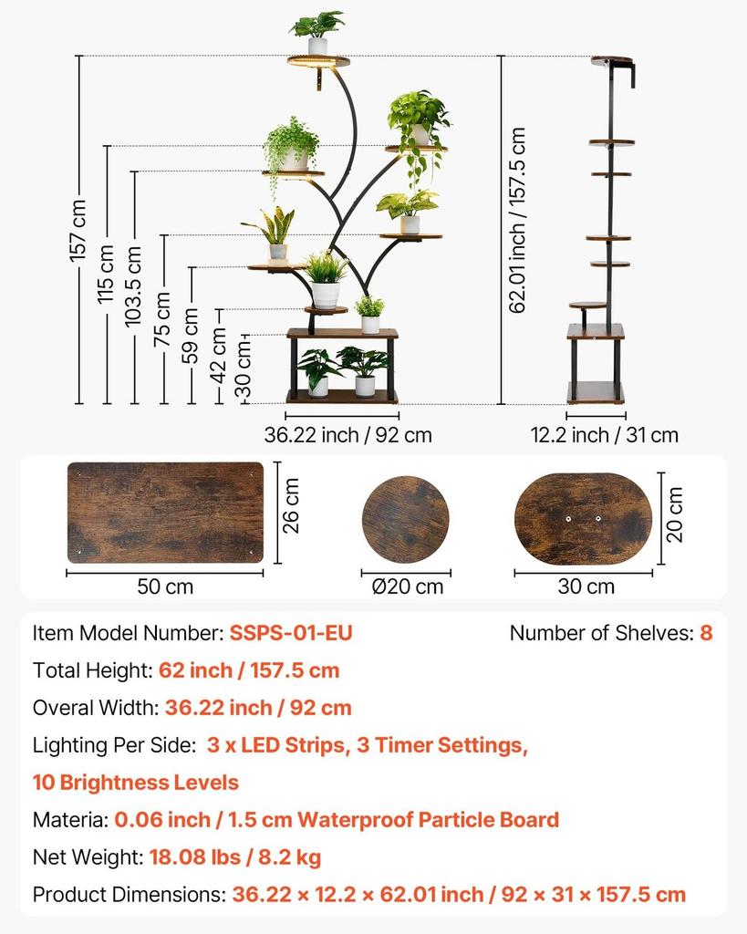 Plant Stand Indoor with Grow Lights, 157.5cm Tall 8-Tier Lighted Plant Shelf, Metal Corner Plants Holder, 3 Timer & 10 Brightness, Tree-Shaped Flower