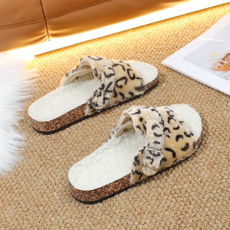 Women's Fuzzy Leopard Print Slippers, Cross Strap, Suede, Indoor/Outdoor, Autumn/Winter 2025.