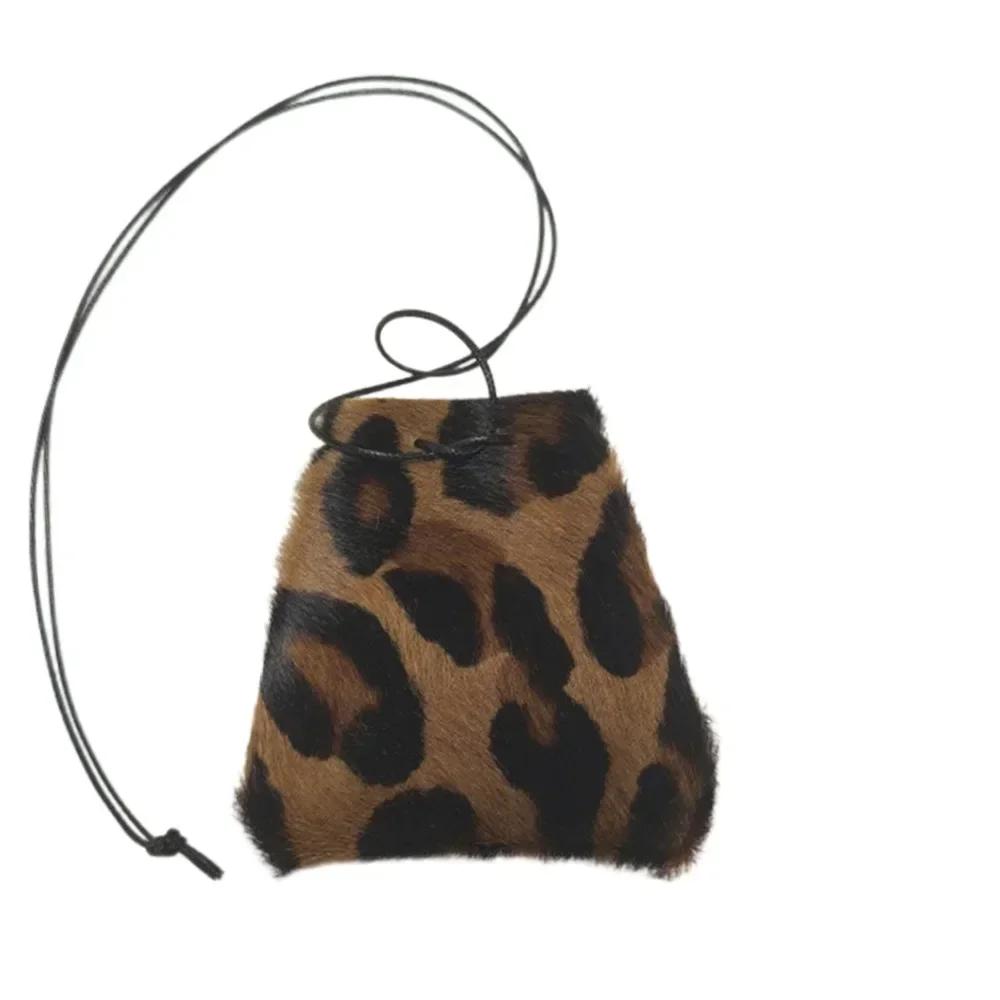PU Suede Bag Necklace with Long Strap Leopard Print Long Necklace Coin Purse Pendant Wearing Key Bag Necklace Hanging Accessory