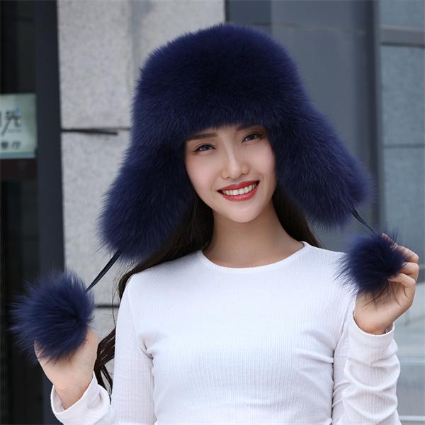 New 100% Real Fox Fur Hats Women's Russian Ushanka Aviator Trapper Snow Skiing Hat Caps  Winter Raccoon Fur Bomber Hat