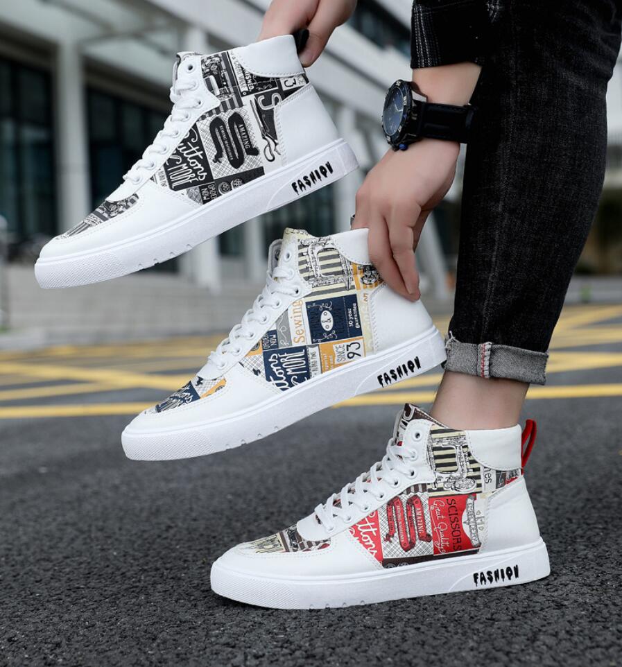 Fashion Street Lace Up Doodle Footwear for Men Tennis Shoes Zapatillas Hombre Men‘s Sneakers High Top Casual Shoes Fashion Skateboard