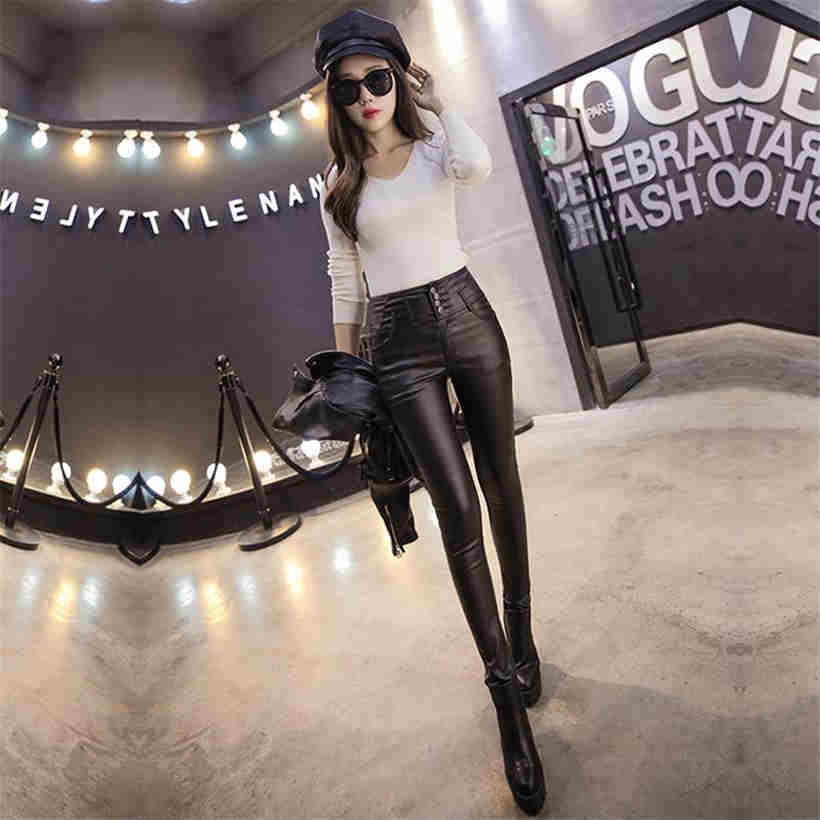 Fall/winter Female Warm Pants PU Leather Velvet Trousers Elastic High Waist Pencil Tight Pants