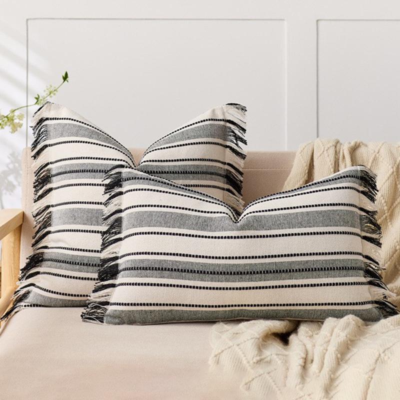 Spring Throw Pillow Covers Striped Pillow Covers with Tassel Boho Farmhouse Cushion Cover for Home Sofa Bed Living Room Decor