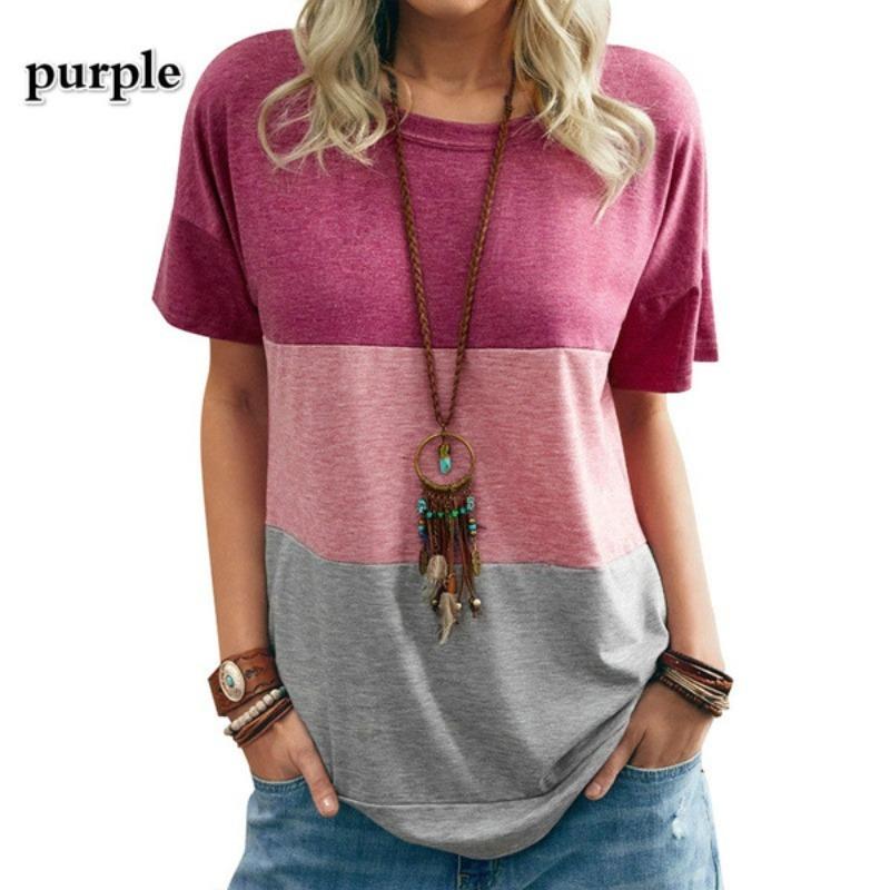 Spring Summer Women's Color Blocked T-shirt Pocket Round Neck Short Sleeve Loose Top