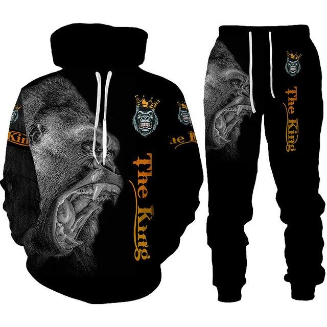 Men Tracksuit 2 Piece Set Autumn and Winter 3d Chimpanzees Printed Hoodies Suit Sport and Casual Male Sweatpants Set Homme